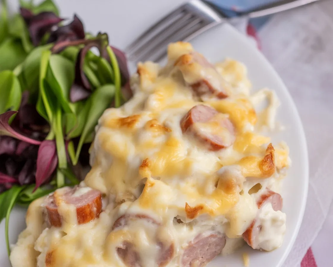 Cheesy Ranch Potatoes and Smoked Sausage casserole in a baking dish