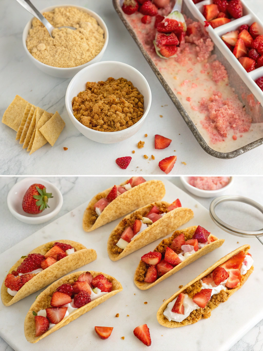 strawberry crunch cheesecake tacos preparing steps
